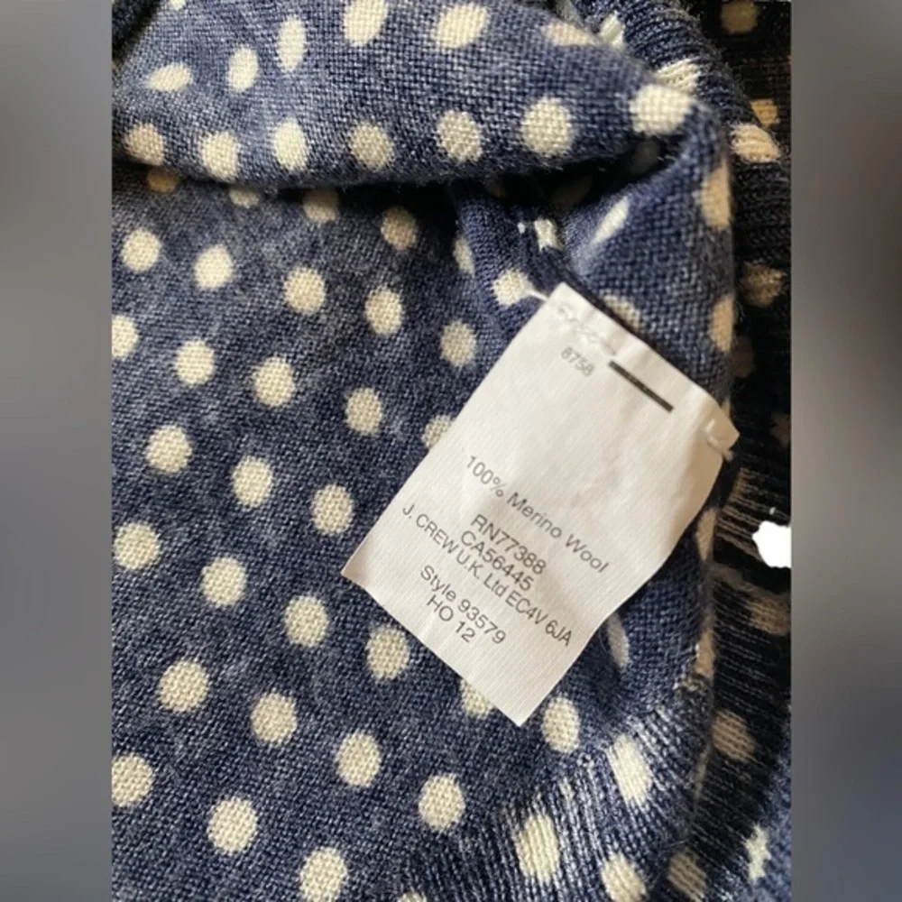 J. Crew Merino wool quarter sleeve navy w white polka dot crew sweater Small